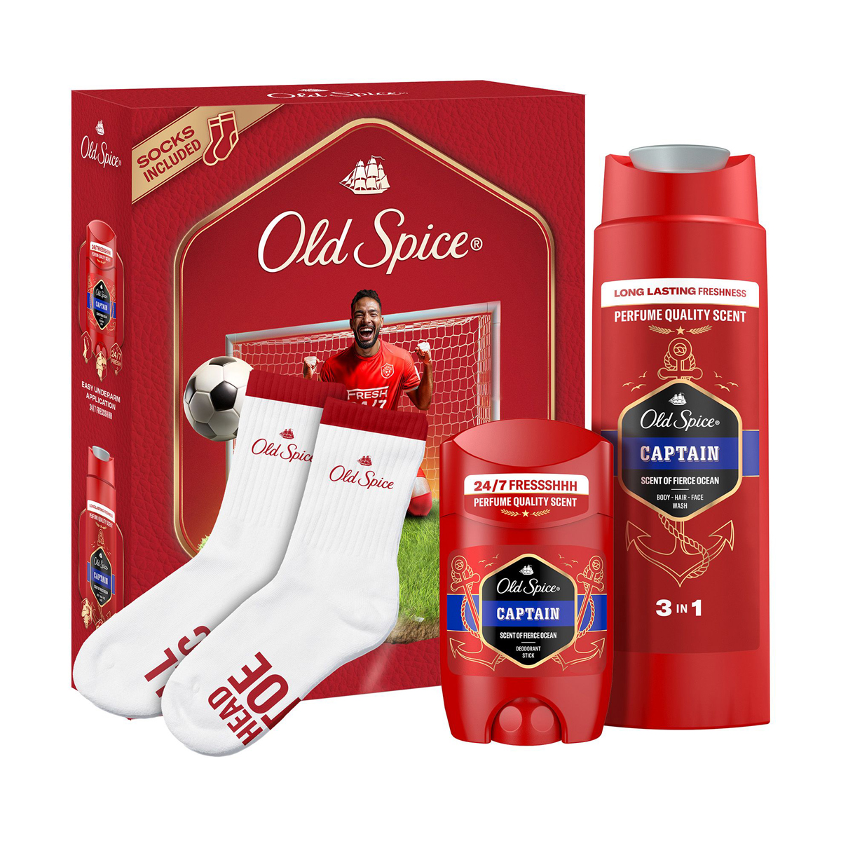 Чоловічий подарунковий набір Old Spice Captain Footballer (дезодорант-стік, 50 мл + гель для душу, 250 мл + шкарпетки, 1 пара)