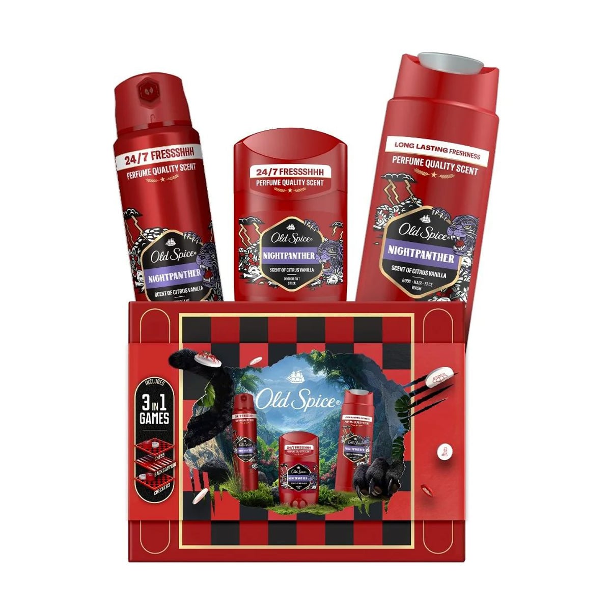 Чоловічий подарунковий набір Old Spice Nightpanther (дезодорант, 150 мл + дезодорант-стік, 50 мл + гель для душу, 250 мл + гра, 1 шт)